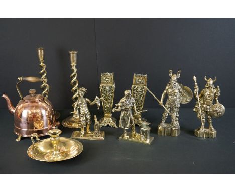 A collection of mixed metalware to include brass candlesticks, brass chamber stick, brass figure, copper kettle...etc. 