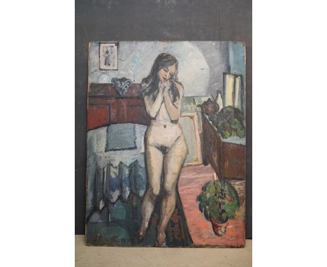 Large Mid 20th Century oil on board portrait of a nude lady in a bedroom setting, signed and dated 1959 to lower left, 98cm x