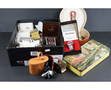 A box of mixed collectables to include Vintage perfume, LED watch, shells, clock....etc. 
