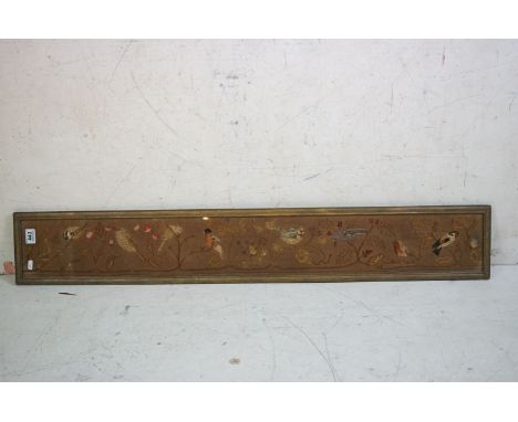19th century tapestry depicting birds, butterflies and other creatures amongst flowers, 119cm x 15cm, framed &amp; glazed 