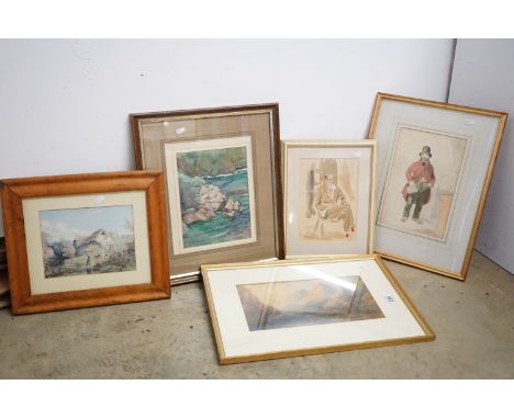 Group of Five framed pictures to include a 19th century watercolour of a mountainous lake scene, attributed to Thomas Danby, 