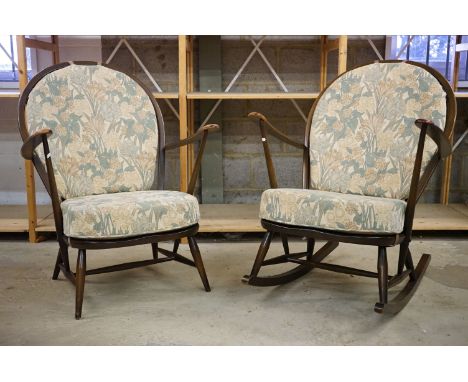 Ercol Rocking Chair, model 316 and a matching Ercol Armchair in the Fleur De Lys pattern, with seat pads, rocker measures 72c