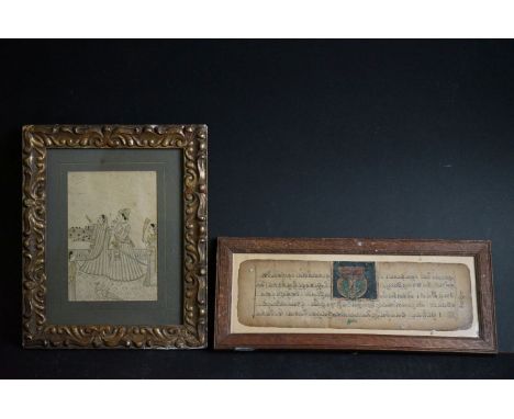 Two Antique Anglo Indian pictures to include a scripture with vignette and a portrait of a noble couple, approx 28cm x 23cm 