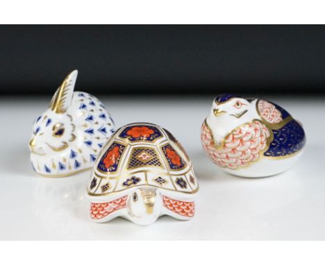 Three Royal Crown Derby animal paperweights to include an Imari Tortoise (gold stopper), Rabbit (gold stopper) and an Imari p