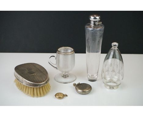 A hallmarked sterling silver topped brush together with a hunting flask, match striker, pocket watch...etc. 