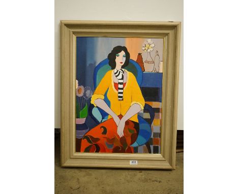Studio framed oil painting, a figurative portrait of a seated lady of leisure, 60cm x 44cm, framed 