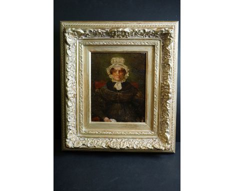 19th Century oil painting portrait of an elderly lady in a lace bonnet, 23cm x 18cm, gilt framed 