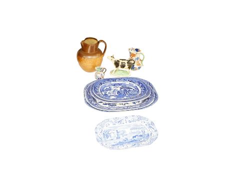 Five blue printed serving dishes, including three Davenport, two small Mason's Ironstone jugs, another jug and a cow creamer.