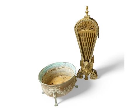 A brass  planter and a brass fan shaped fireguard, largest 62cm. Condition - poor/fair