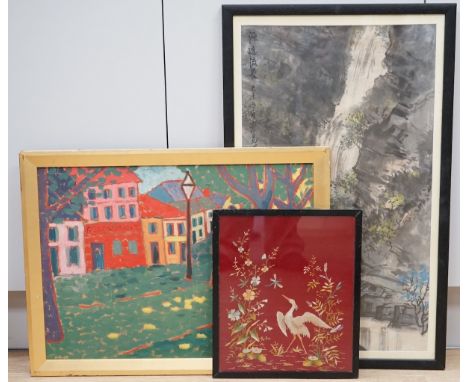 Chinese School, watercolour, Waterfall, signed with character marks and red seal mark, together with a silk embroidery of a c