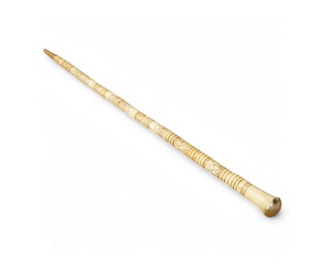 A carved and turned bone swordstick, 81cm long. Condition - fair Blade 55cm; some old corrosion; repaired chip to handle, see