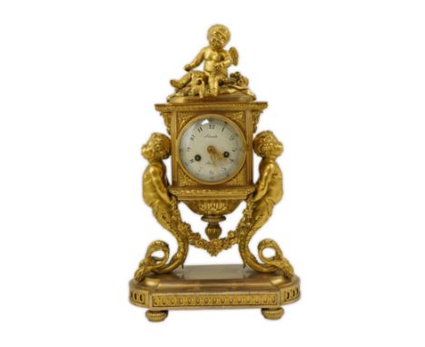 Lepaute of Paris, a late 19th century French ormolu mantel clock, with Cupid finial and twin putto supports to the architectu