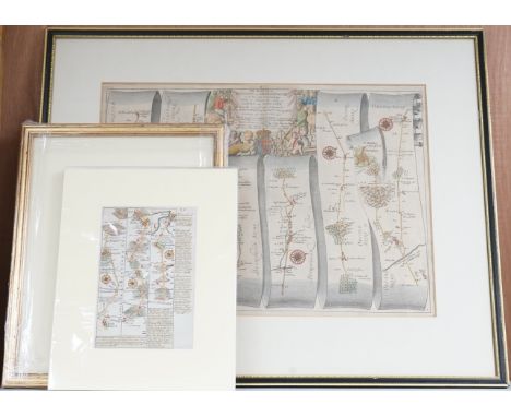 Five 17th century and later road maps to include John Ogilby, hand coloured engraved road map, London to Aberystwyth, largest