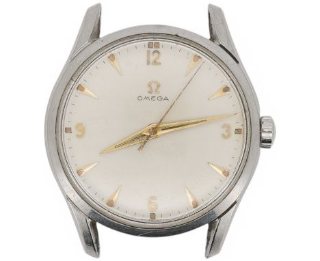 A gentleman's early 1950's stainless steel Omega manual wind wrist watch, with arrow head and quarterly Arabic numerals, case