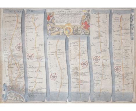 John Ogilby (1600-1676), hand coloured engraved road map, London to Holyhead, 32 x 44cm. Condition - discoloured throughout