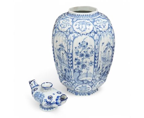 A blue and white delft jar in a chinoiserie style, and a delftware  posy vase, tallest 34cm. Condition - fair to good