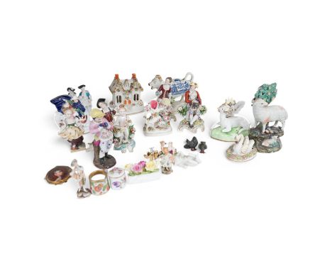 A mixed group of English and Continental ceramic models including miniature figures, pots and jugs, tallest figurine - 10.5cm