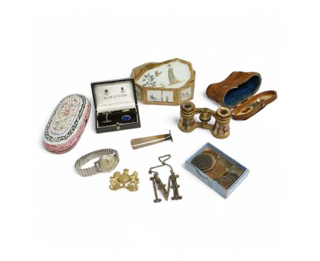 A group of collectables and sundry items to include cased opera glasses, 925 cufflinks housed in a Mappin &amp; Webb box and 
