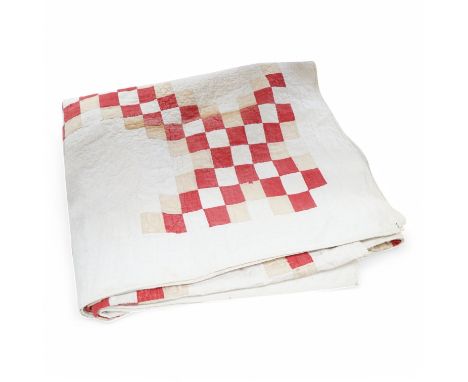 An American red, beige and white ‘chain style’ patchwork quilt, 218cm x 196cm. Condition - poor, many patchwork squares damag