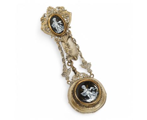A silver plated chatelaine with two decorative enamel putti cartouche, 15cm long. Condition - parts of the plate has worn
