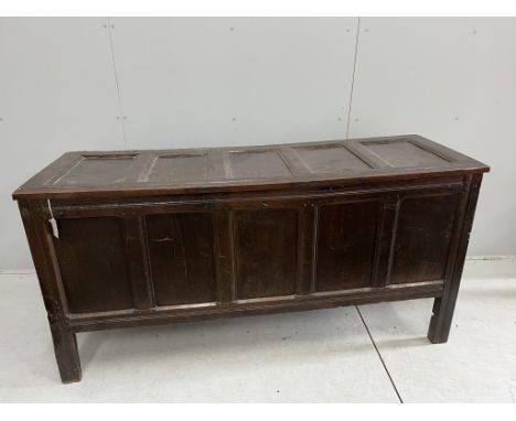 A large 18th century panelled oak coffer, width 171cm, depth 57cm, height 83cm. Condition - fair