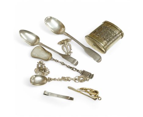 A small group of collectables, including a Chinese pierced base metal ovoid box and cover, the interior engraved with erotica