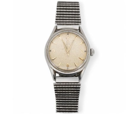 A gentleman's early 1950's stainless steel Omega manual wind wrist watch, with arrow head  and quarterly Arabic numerals, mov