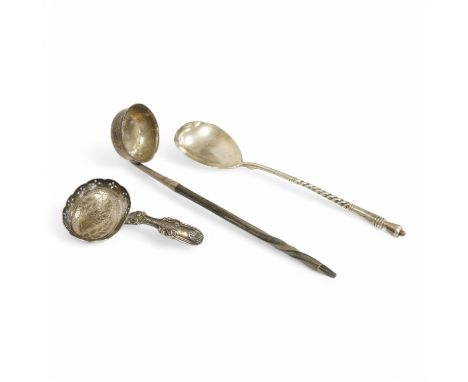 Three silver spoons including a George III caddy spoon, John Bettridge, Birmingham, 1817(a.f.), 81mm, a Russian 84 zolotnik s