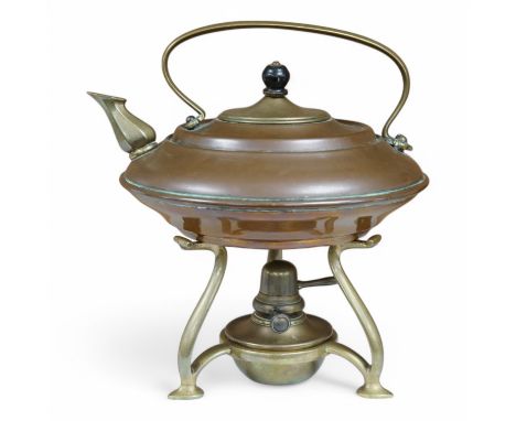 W.A.S Benson, a brass and copper kettle on stand, 23cm total height