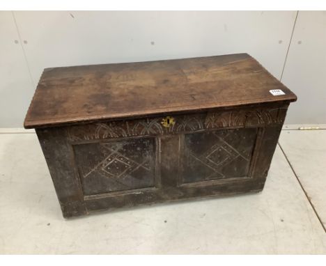 A small 17th / 18th century carved oak coffer, width 82cm, depth 39cm, height 47cm. Condition - poor