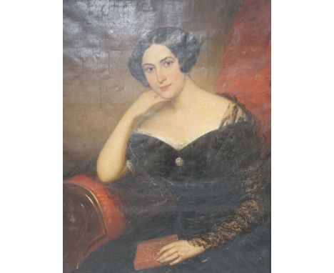Mid 19th century, English School, oil on canvas, Portrait of a young lady in mourning, unsigned, housed in a partially ebonis