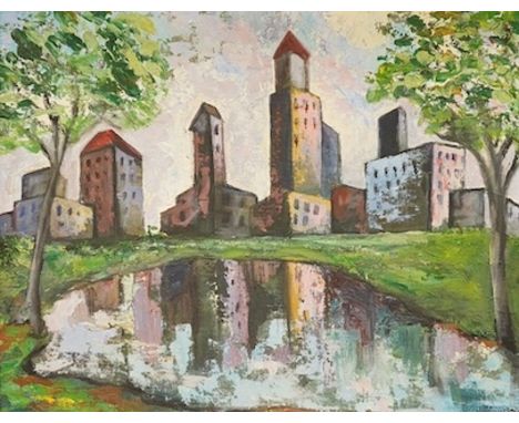 Mid century, oil on artists board, Cityscape, 39 x 50cm. Condition - good