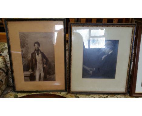A Monochrome Portrait Print, Young Man Reading a Letter along with a 19th Century Monochrome Print, Study of a Young Man.