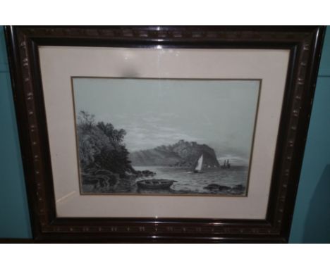 A Framed and Glazed Monochrome Print Depicting a Coastal Scene, signed lower right.