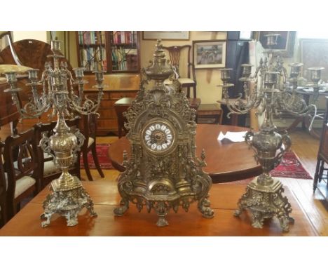 A Late 20th Century French Style Cast Brass Clock Garniture