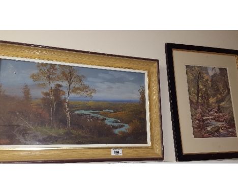 A Colour Print of a Man Fly Fishing, along with an oil on board depicting a landscape scene.