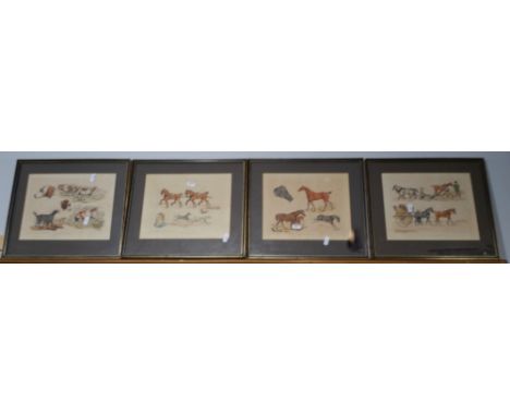 A Good Set of Four Mid 19th Century Montages of Hunting, Dogs and Coaching Scenes after Alken & Engraved by Alken, overpainte