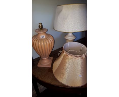 A Modern Peach Coloured Reeded Table Lamp, with shade, with A Modern Cream Table Lamp and Shade.