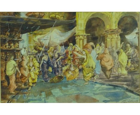 R Soderlund, watercolour, Arab street market 1962, signed, 19" x 30", framed.