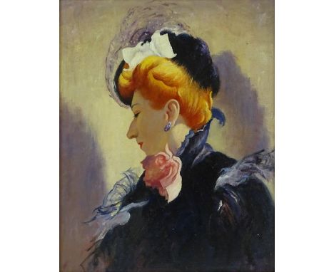 Oil on canvas laid on board, portrait of a woman, unsigned, 20" x 15.5", framed.