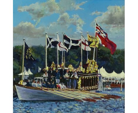 D F K Welsh, oil on canvas, Gloriana at Henley Royal Regatta 2013, signed, 20" x 20", framed.