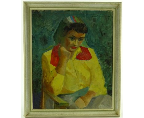Oil on board, portrait of a woman, indistinctly signed, dated '69, 24" x 20", framed.