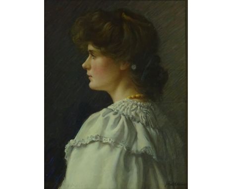 John Edsall Allen, coloured pastels, portrait of a woman, signed, 21" x 16", framed.