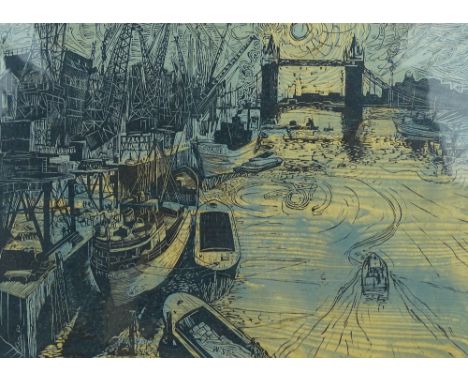 A colour lino-cut print circa 1960, shipping in the pool of London, unsigned, image 17" x 24", mounted.