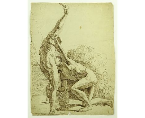 Old Master style pen and ink drawing, classical wrestlers, 16" x 12", unframed.