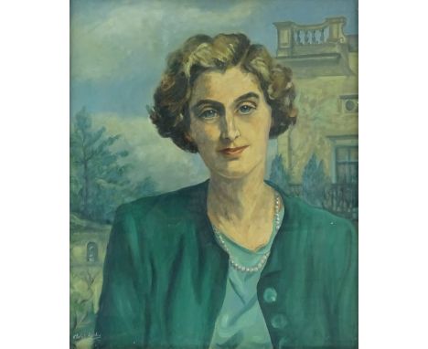 Mid 20th century British School, oil on canvas, portrait of a lady at Burghley House, indistinctly signed, 24" x 20", framed.