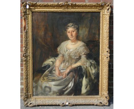 James Jebusa Shannon (British American 1862-1923), oil on canvas, portrait of Lady Ruthven in ermine, 50" x 40", original gil