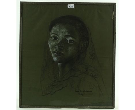Gerard d'A Henderson, charcoal/chalk on grey paper, portrait of a young woman, signed and inscribed Singapore, 23" x 20.5", f