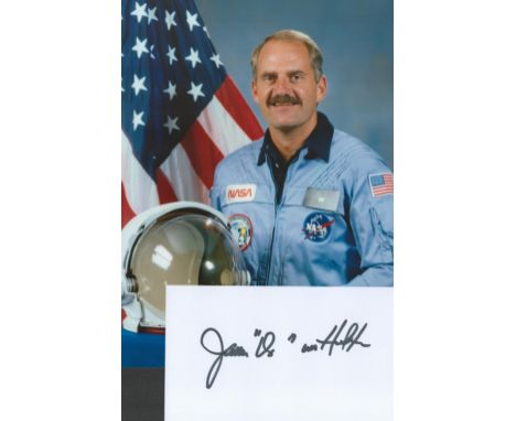 NASA astronaut James van Hoften signed 6 x 4 white card. James van Hoften a veteran of two Space Shuttle missions. Accompanyi