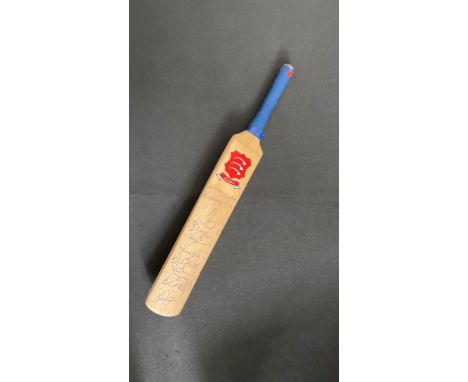 A Mini Cricket Bat Signed by 13 members of the 1996 Essex C. C. C. squad. The signatures are spread over the front and back o